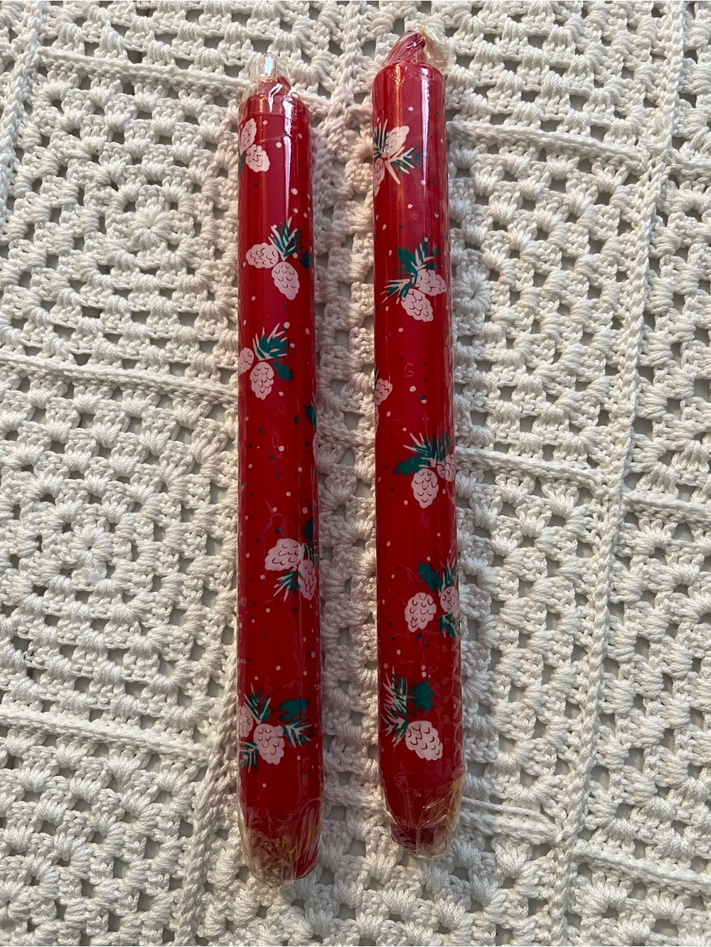 Avon Red Taper Candles with Green Leaf Accents New